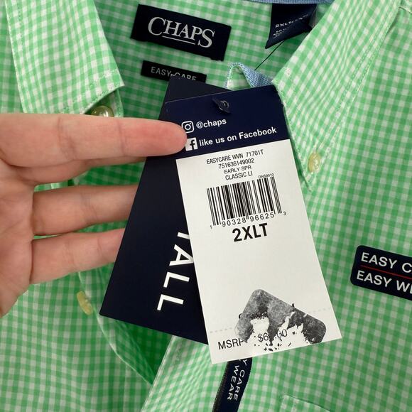 NWT Chaps Green Check Easy Care Button Front Long Sleeve Shirt Men's Size 2XLT - Picture 5 of 10